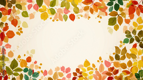 Colorful autumn leaves frame with red, orange, yellow, and green foliage surrounding blank center, creating warm and elegant seasonal border design