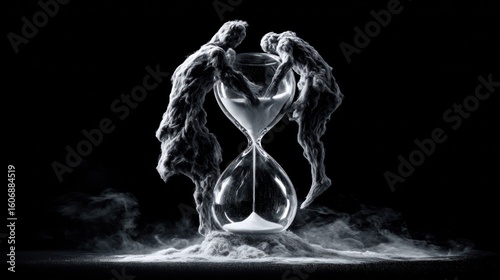 Abstract melting hourglass where distorted human figures emerge from sand and vanish into dark mist.