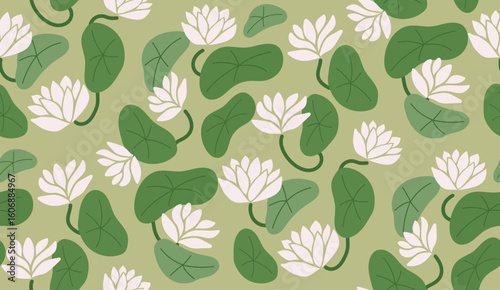 Flat seamless Lotus floral and leaves pattern in green background. Perfect for wallpaper, fabric, and decoration.