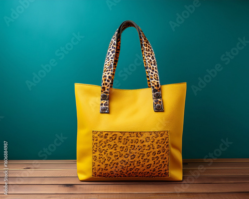 A stylish yellow handbag and a brown paper bag sit together on a wooden background, perfect for a retail shopping design