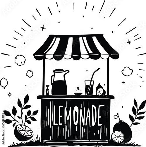 Black and white illustration of a lemonade stand with pitcher glass and lemons on a white background