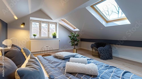 Modern attic bedroom with skylight windows and cozy decor