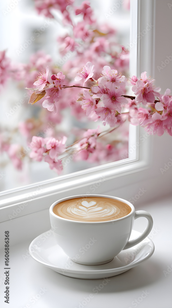Obraz premium Cozy coffee moment with blooming cherry blossoms by the window