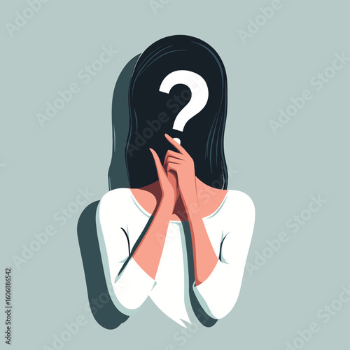 Anonymous person with a question mark, representing uncertainty and identity, what is the answer?, vector style simple color