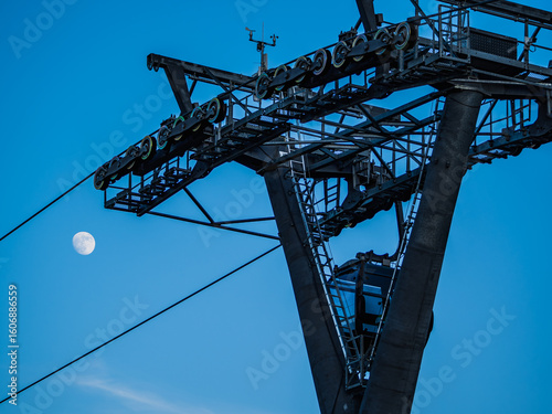 Solina, Poland - 6 June 2024: Cable Car Over Solina Lake Dam at Dusk with Full Moon in the Background, Bieszczady Mountains, Poland