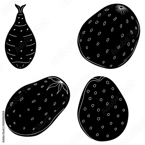 Four black and white stylized fruits including a taro root and three strawberry shapes in a pattern