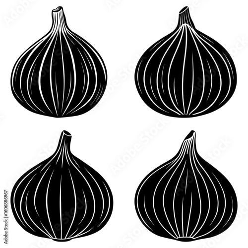 Four black and white figs arranged in a square pattern with detailed line work and contrasting shades