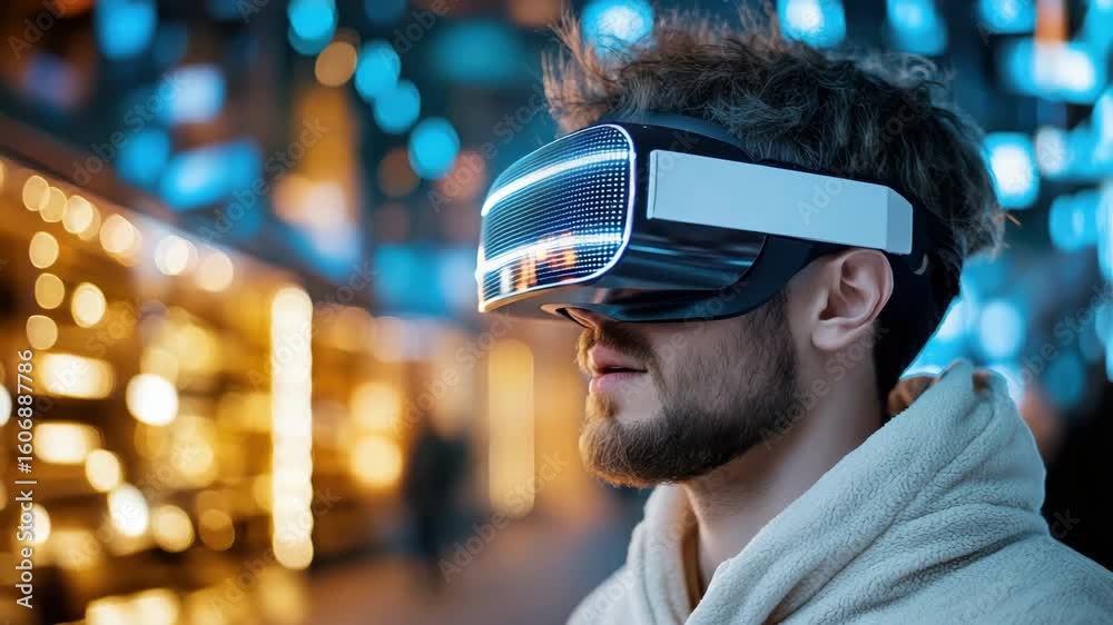 Immersive Virtual Reality Technology Futuristic Headset Experience with Man in Vibrant Environment Immersive Virtual Reality Technology Futuristic Headset Experience with Man in Vibrant Environment