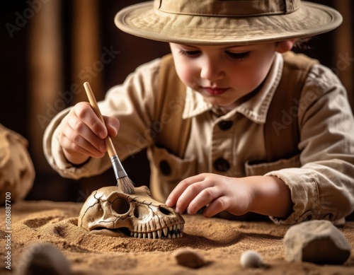 Fototapeta Naklejka Na Ścianę i Meble -  Child in explorer outfit uncovers toy dinosaur bone in sand, warm-toned background.