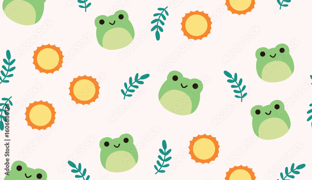 Fototapeta premium Flat seamless cute frog animal pattern in pink background