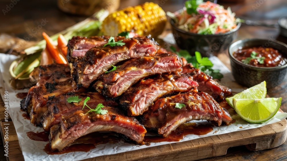 Guava BBQ ribs stacked on wooden serving board with charred corn, colorful coleslaw and dipping sauce, garnished with fresh cilantro Guava BBQ ribs stacked on wooden serving board with charred corn, colorful coleslaw and dipping sauce, garnished with fresh cilantro