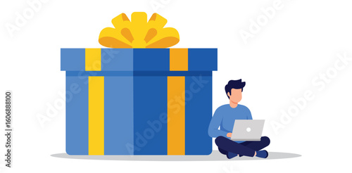 Man sitting with laptop beside giant gift box vector illustration representing reward loyalty bonus giveaway shopping surprise celebration or online offer promotion
