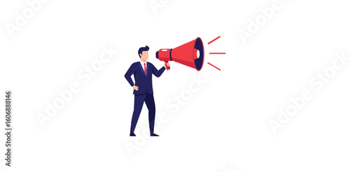 Businessman with loudspeaker vector illustration representing announcement promotion marketing leadership communication advertisement or corporate message
