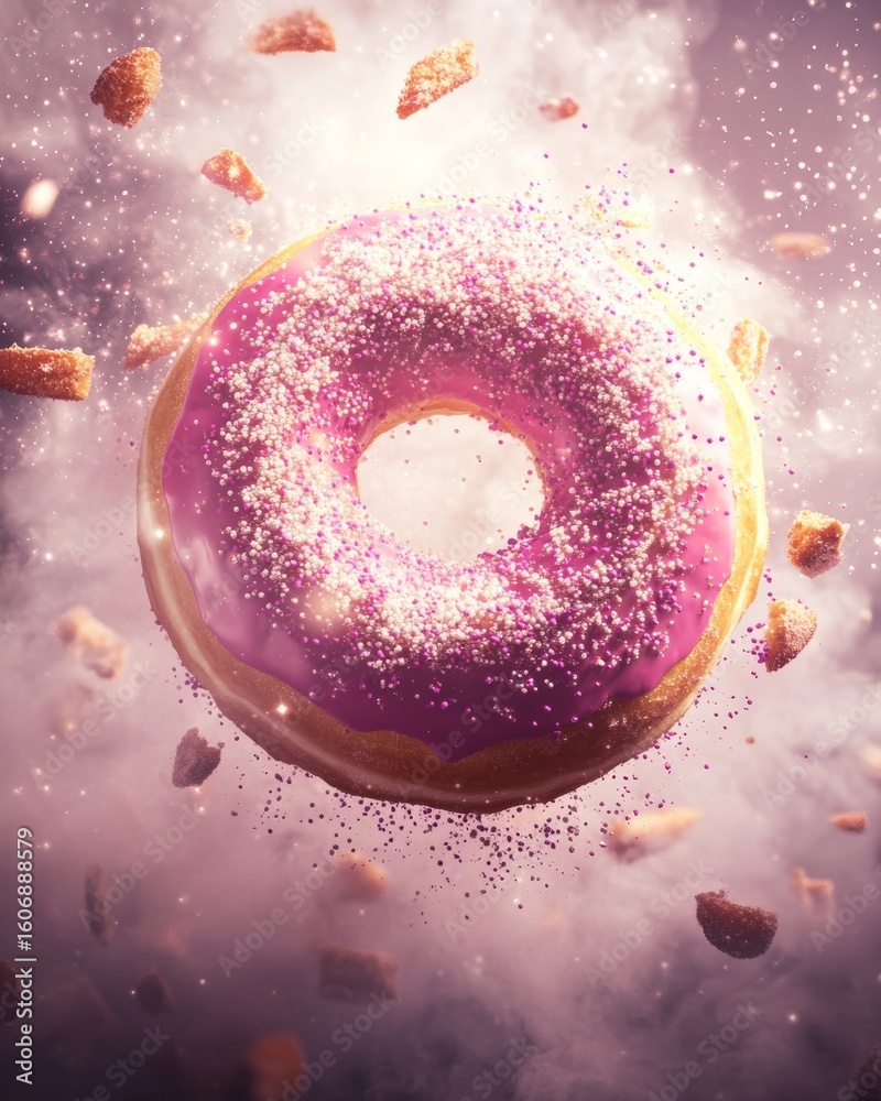Fototapeta premium Donut with Pink Frosting, Sprinkles, and Floating Bread Pieces