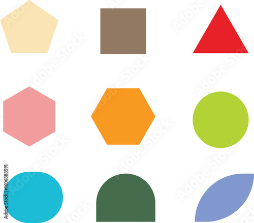 Geometric flat shapes in solid colors including hexagons, circles, and squares, ideal for  infographics, icons, branding, or educational visual assets.