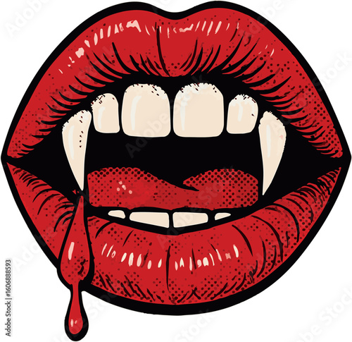 A Vampire's Glimpse Grotesque Red Lips with Sharp Fangs and a Drip of Blood