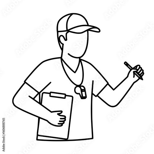 Line drawing of male doctor holding clipboard in minimal sketch illustration style