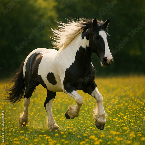 A white horse runs gallop outdoor