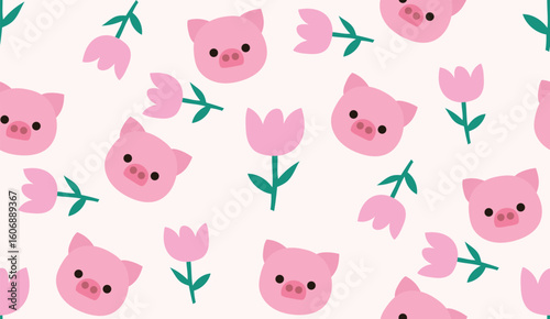 flat seamless cute pig animal pattern in pink background