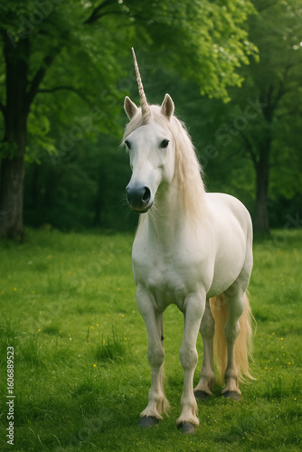 A white horse in the meadow in the green garden