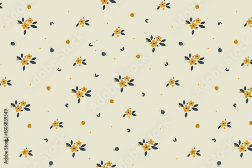 Fall floral pattern with navy leaves and mustard flowers, swatch available in swatches panel, minimalist seamless design on cream background