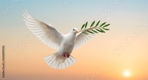Wallpaper Mural A white dove with an olive branch in its beak flies peacefully through the sky at sunset Torontodigital.ca
