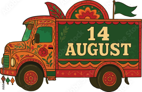 Pakistani Truck Art with “14 August” – Independence Day Celebration Vector
