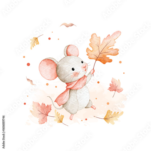 Watercolor Illustration Cute Mouse and Autumn Leaves
