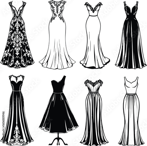 Collection of elegant black and white dresses displayed in a symmetrical arrangement on a white background