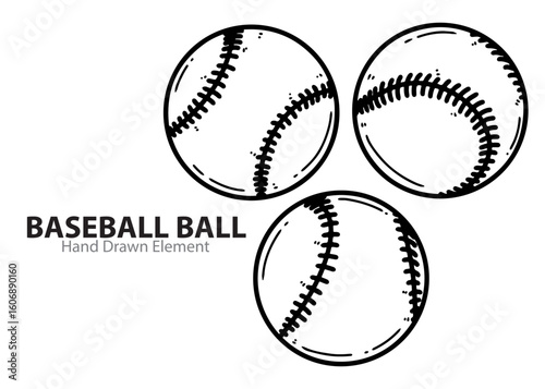 Hand drawn design of a Baseball ball with several different angles, black thick line ink, white background vector illustration