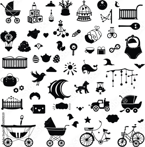 Collection of various baby and child related icons in black silhouette on a white background display