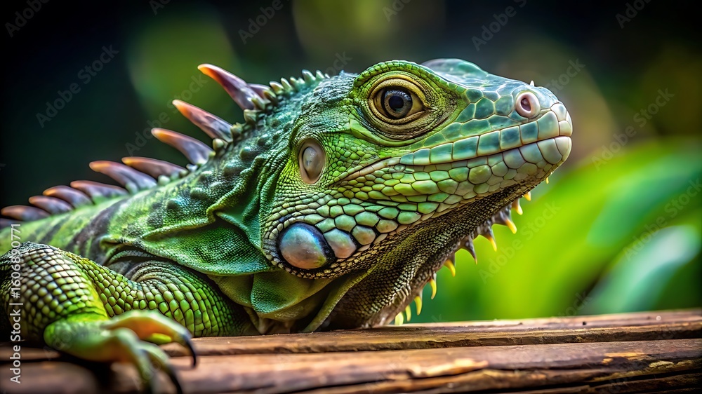Fototapeta premium A vibrant green iguana rests on a wooden branch in nature