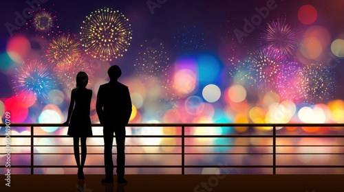 Silhouette of a couple watching fireworks over the city.