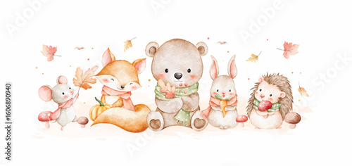 Watercolor Illustration Wooden Animals and Autumn Leaves