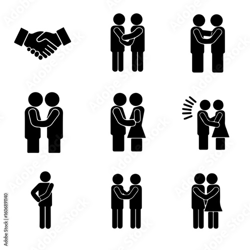 Touch Gesture Icons. Solid, filled icon set of touch-based cues: handshake, pat on back, hug, shoulder tap, high five, arm squeeze 