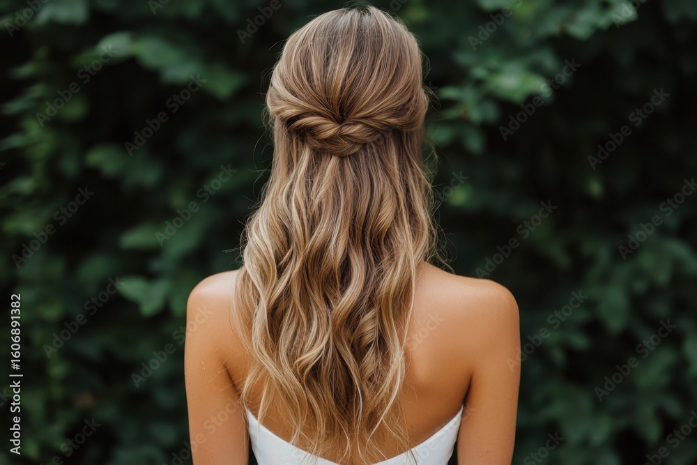 Naklejka premium Elegant half-up half-down hairstyle with cascading loose curls outdoor garden fashion photography natural light beauty concept