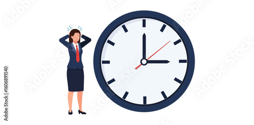deadline,time,management flat vector illustration of a woman standing near a huge clock showing business deadline or time management