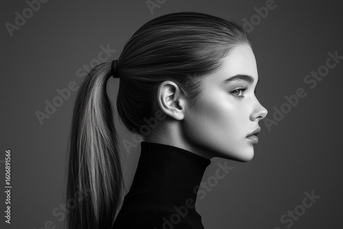 High ponytail sleek polished hair showcase studio portrait ultra-smooth finish monochromatic background side view hair styling concept