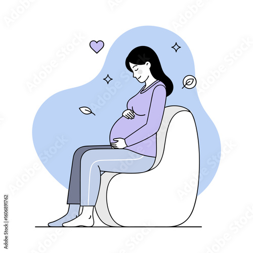 Serene pregnant woman relaxing in a modern chair, gently caressing her belly. Motherhood concept.