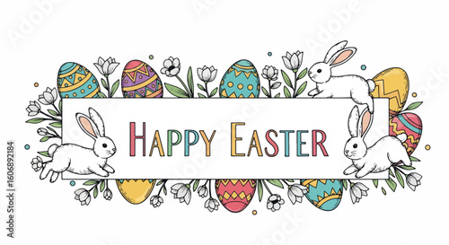 Happy Easter illustration with decorated eggs, rabbits, and spring flowers on white background. Happy Easter design in decorative frame, featuring playful bunnies and vibrant eggs.