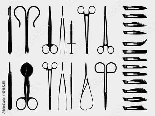 Silhouettes of medical surgical instruments such as scalpels, scissors, forceps, and tweezers. Monochrome style for medical education, infographics, or technical design.