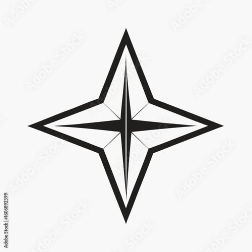 Modern geometric starburst compass rose symbol with sharp points and a central dark core representing direction and navigation