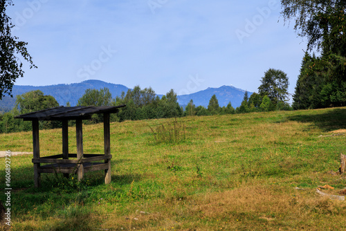 Mountain panorama with summit Großer Arber with radar dome (radome) and feeding site seen from Bavarian Forest National Park Falkenstein near Ludwigsthal (Lindberg), Germany