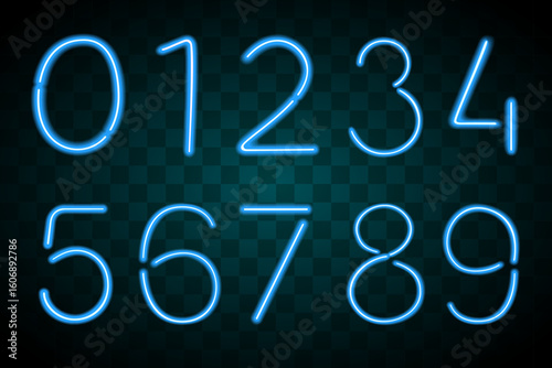 Decorative numbers in the form of neon lamps. blue color print on black background with fog effect