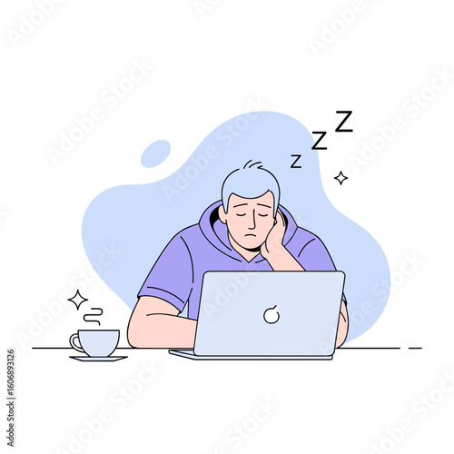 Tired man falling asleep at his laptop with a coffee cup, illustration