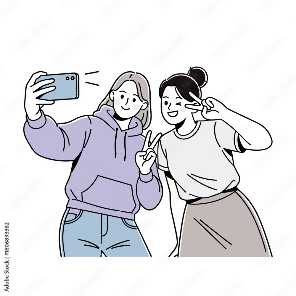 Fototapeta premium Two happy young women friends taking a selfie with a mobile phone, posing with peace signs