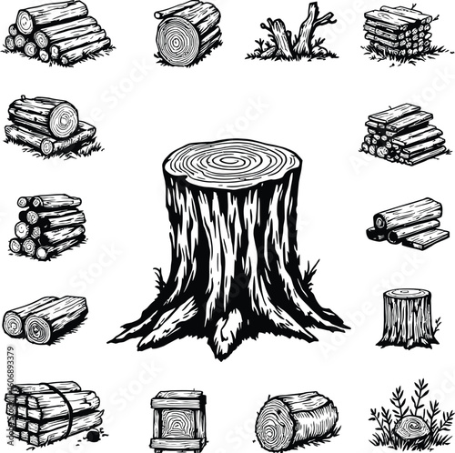 A collection of black and white wood illustrations including logs and a tree stump in the center