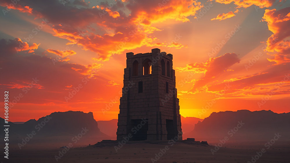 Obraz premium Ancient stone tower standing alone in a desert landscape at sunset, surrounded by rocky hills and glowing orange sky