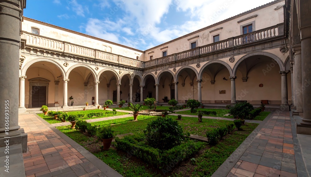 Fototapeta premium Sunny courtyard with arches and gardens