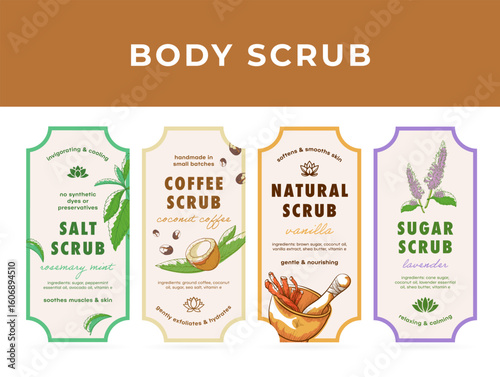 Body scrub product labels featuring various natural ingredients and scents for skincare enthusiasts